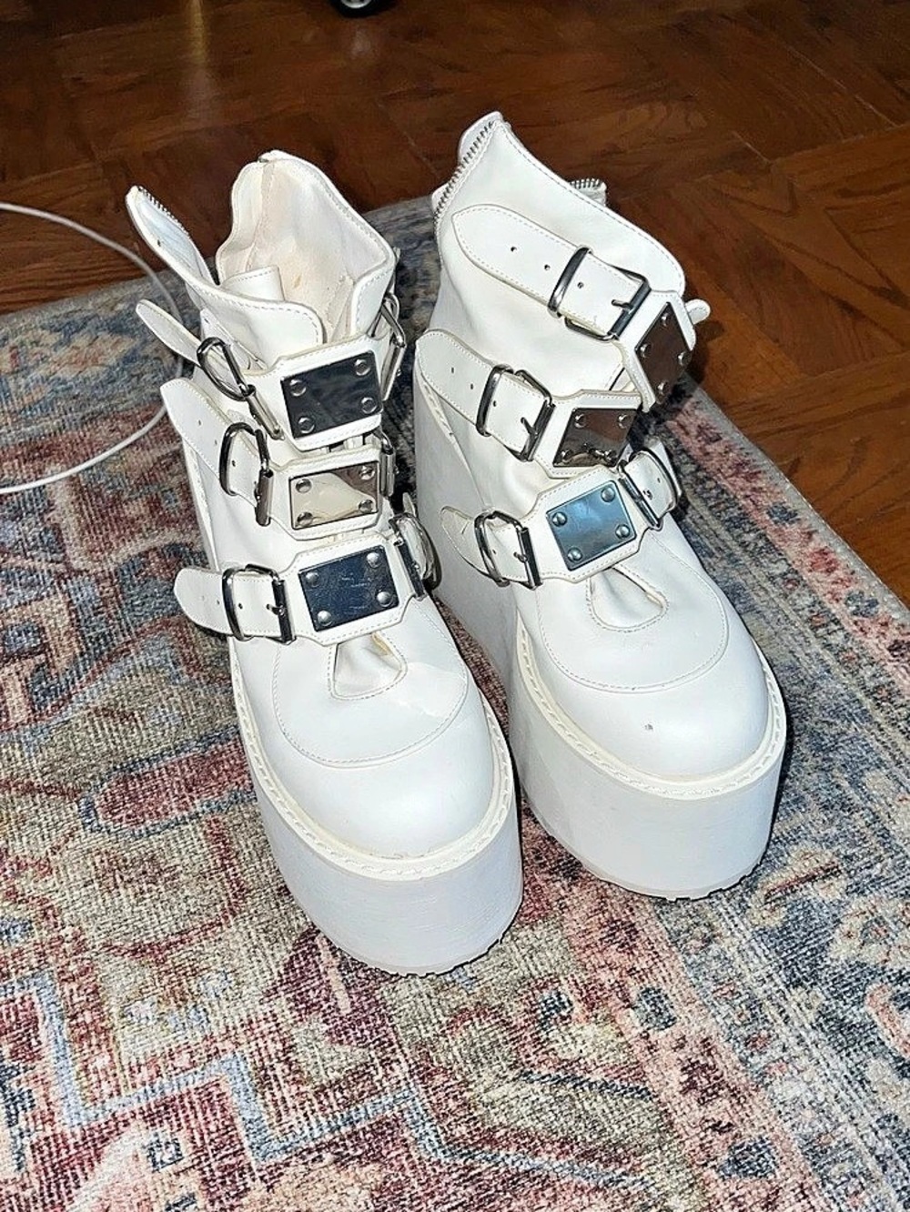 Demonia White Platform Buckle Boots